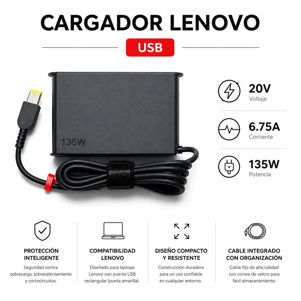 Cargador Lenovo 135W 20V 6.75A  Conector Slim Tip USB Amarillo