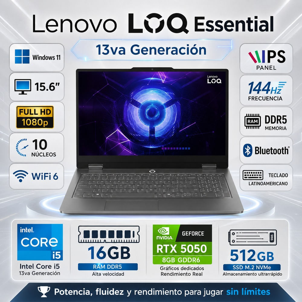Laptop Lenovo LOQ Essential 15IRX11 i5-13450HX 16GB RAM 512GB SSD RTX 5050 8GB 15.6 FHD 83SC0055LM