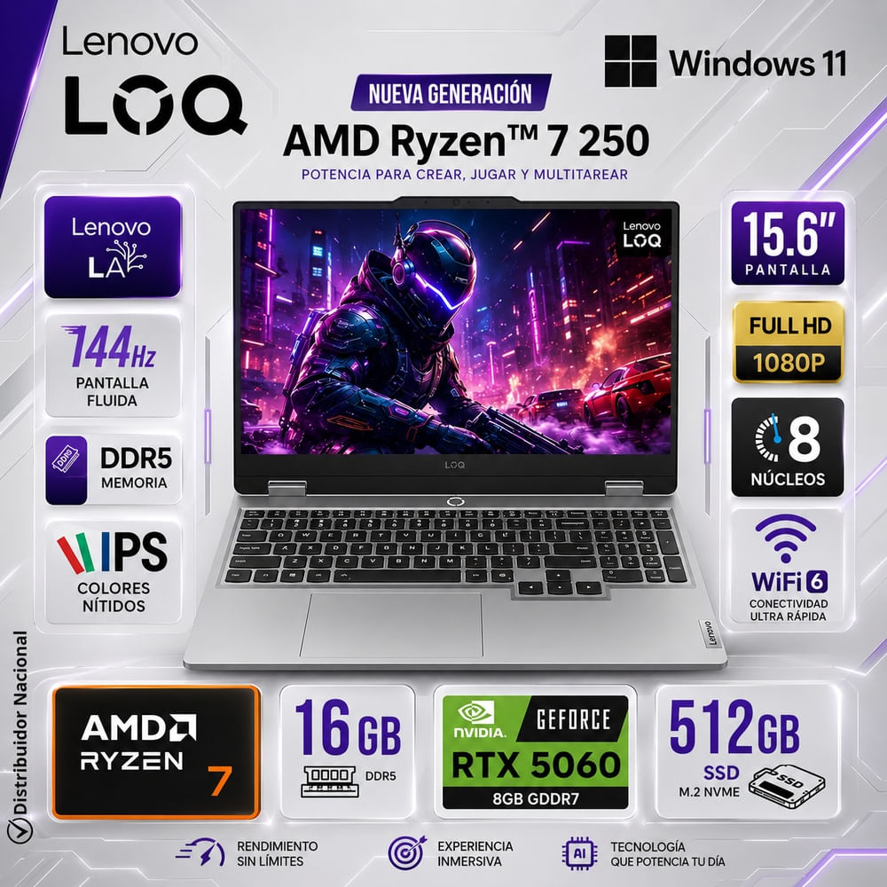 Laptop Gamer Lenovo LOQ 15AHP10 Ryzen 7 250 16GB RAM 512GB SSD RTX 5060 8GB 15.6 FHD IPS 83JG007PUS