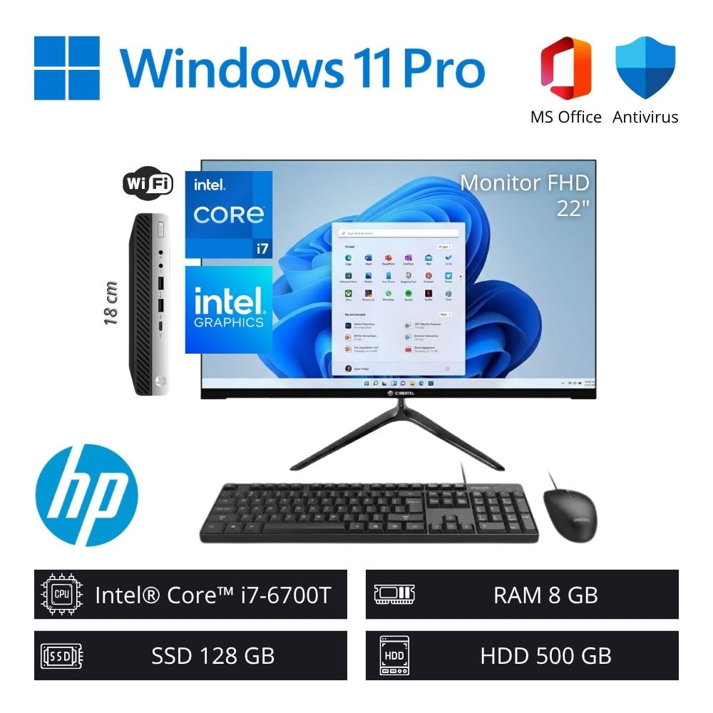 Computadora PC Intel Core i7-6700T 3.60GHz 8GB RAM 128GB SSD 500GB HDD + Monitor 22"" FHD WiFi