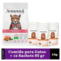 Amanova Gato Esterilizado Salmón 6kg + 12 Sachet Pollo 85 gr
