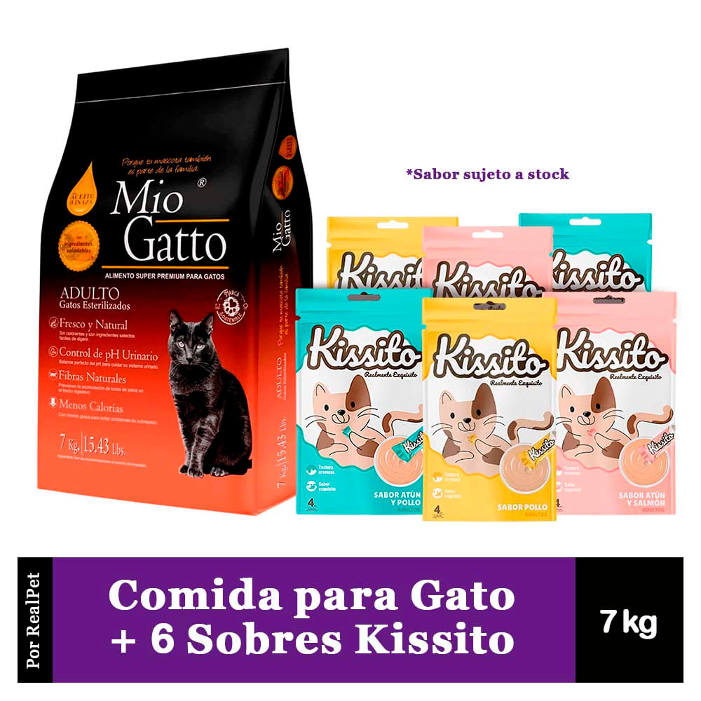 Comida Gato Esterilizado Mio Gatto 7 kg + Kissito 6 sobres
