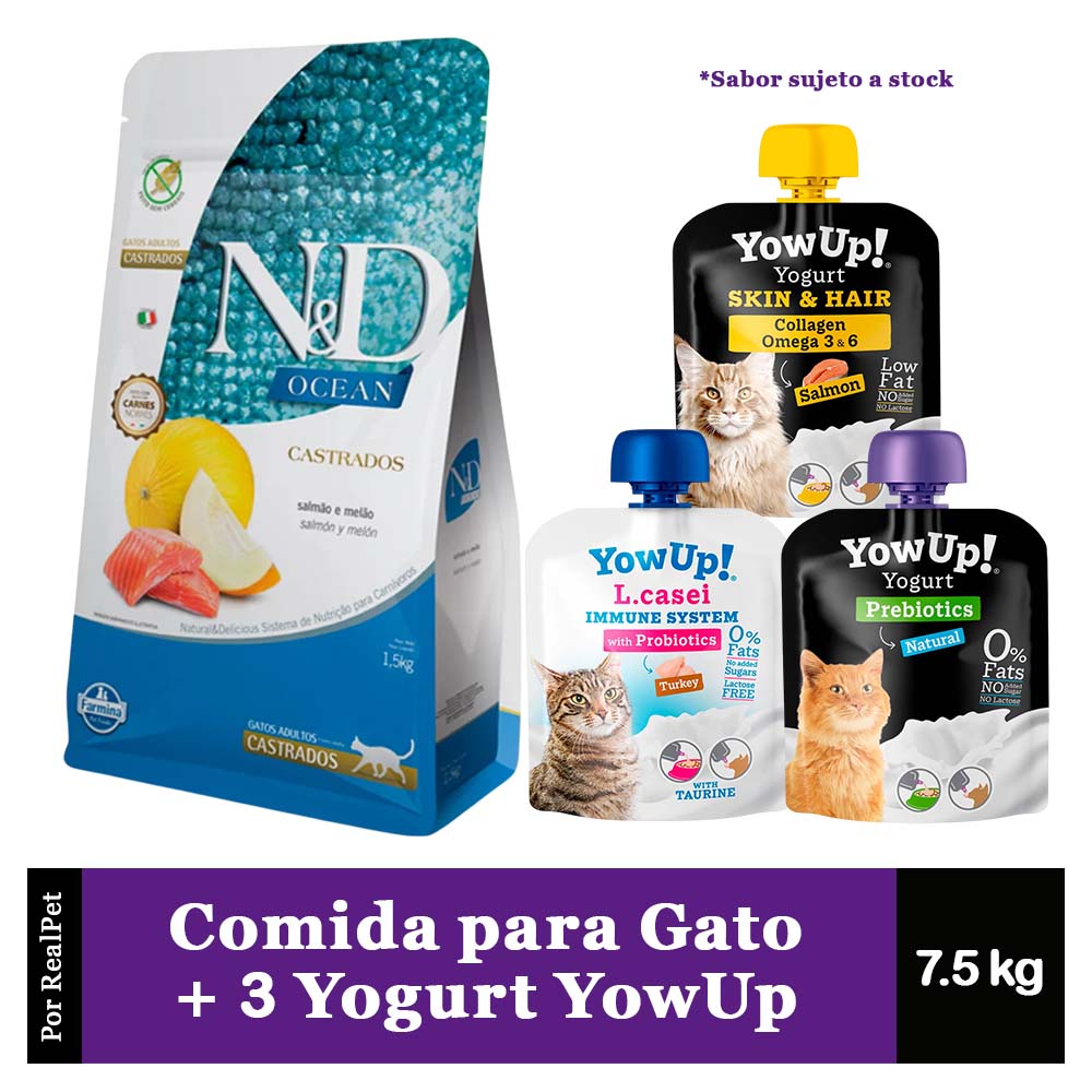 Comida Gato Castrado N&D Ocean Salmón 7.5kg + 3 Yogurt YowUp 85 gr