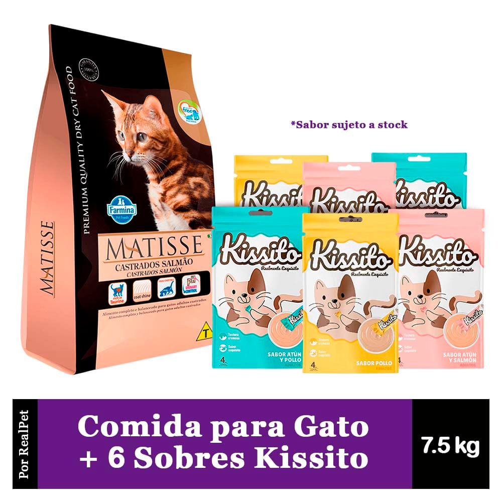 Comida Gato Castrado Matisse Salmón 7.5kg + Kissito 6 sobres