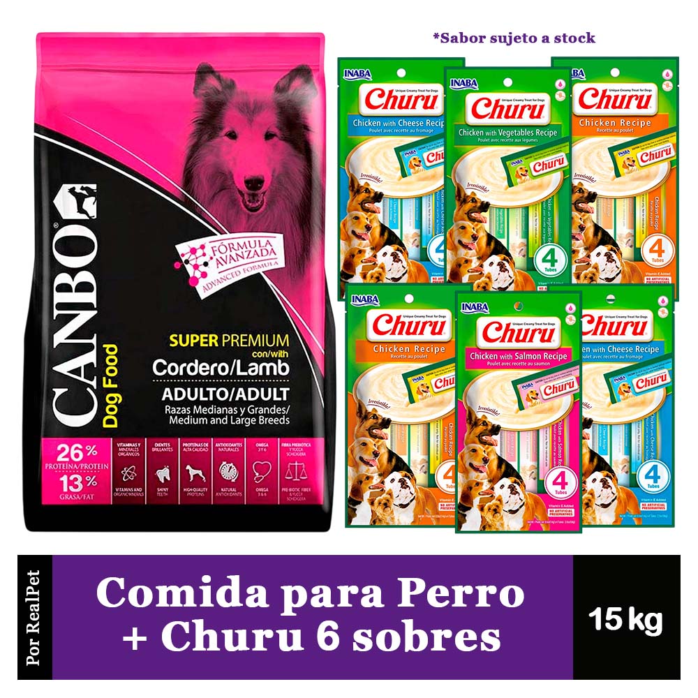 Canbo Perro Adulto Mediano Cordero 15 kg + Churu 6 Sobres Variados