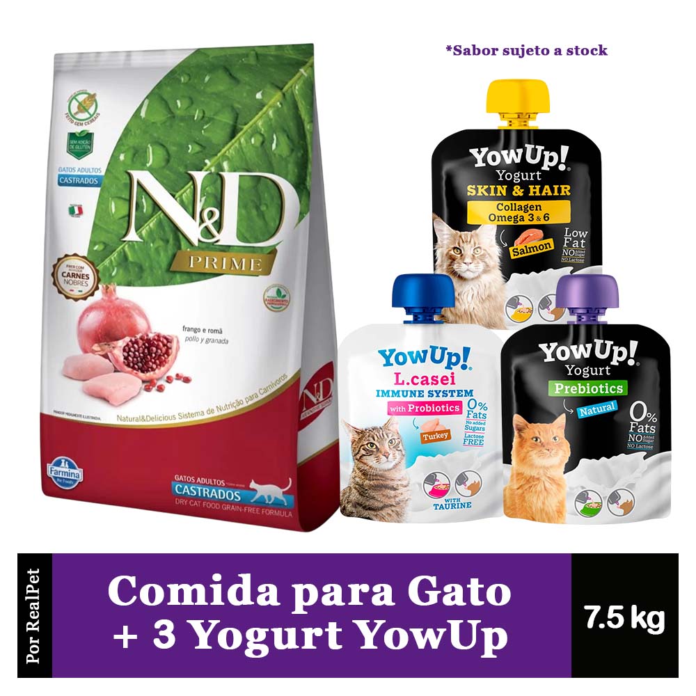 N&D Gato Castrado Pollo Granada 7.5kg + 3 Yogurt YowUp 85 gr