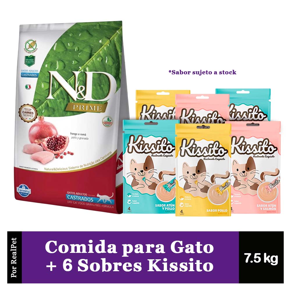 N&D Gato Castrado Pollo Granada 7.5kg + Kissito 6 sobres