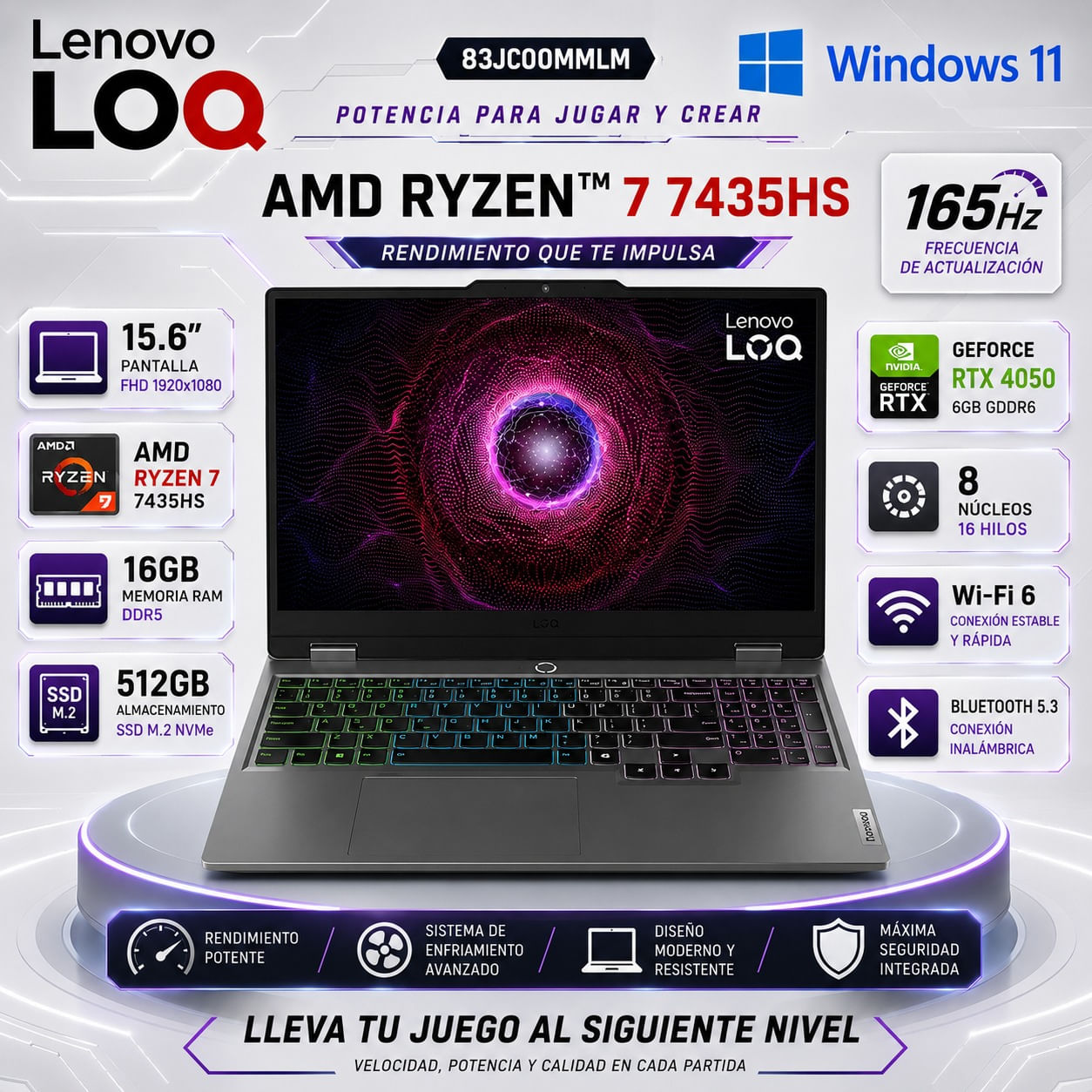 Laptop Gamer Lenovo LOQ 15ARP9 Ryzen 7 7435HS 16GB RAM 512GB SSD RTX 4050 6GB 15.6 FHD 83JC00MMLM