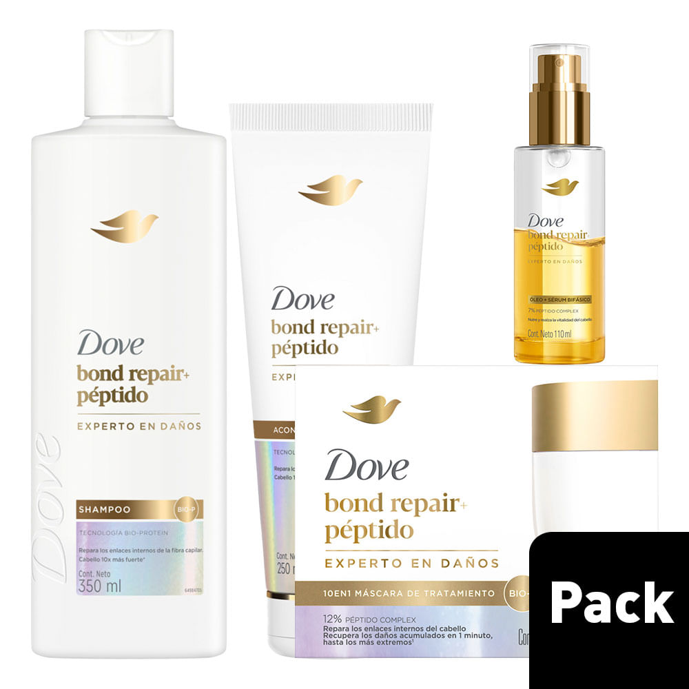 Pack DOVE Bond Intense Repair: Shampoo 350ml + Acondicionador 250ml + Crema de Tratamiento 250g + Óleo 110ml