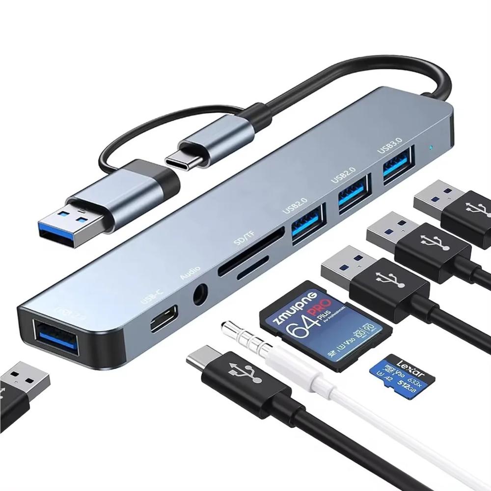 ADAPTADOR DE COMPUTO MÚLTIPLE 8 ENTRADAS TIPO C Y USB WINDOWS ANDROID MAC