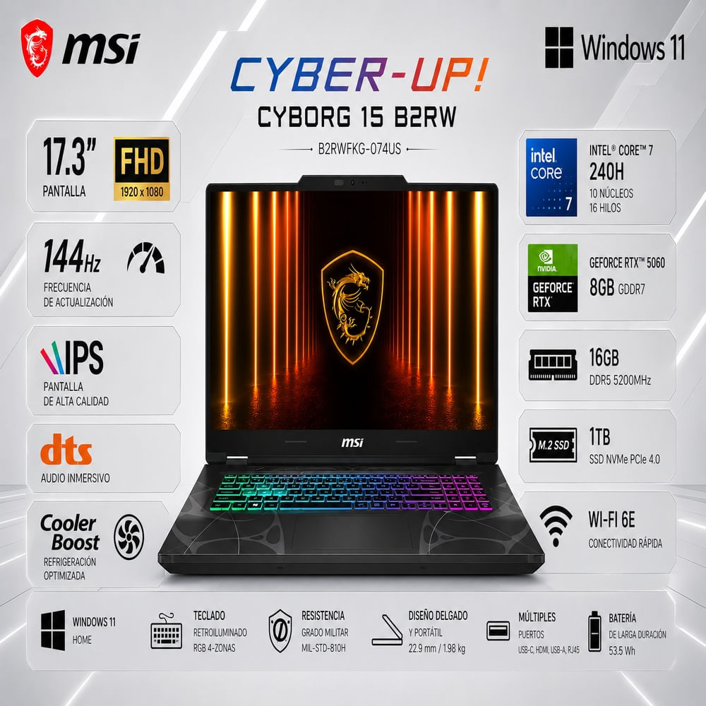 Laptop Gamer MSI Cyborg 17 Core 7 240H 16GB RAM 1TB SSD RTX 5060 8GB 17.3 FHD 144Hz B2RWFKG-074US