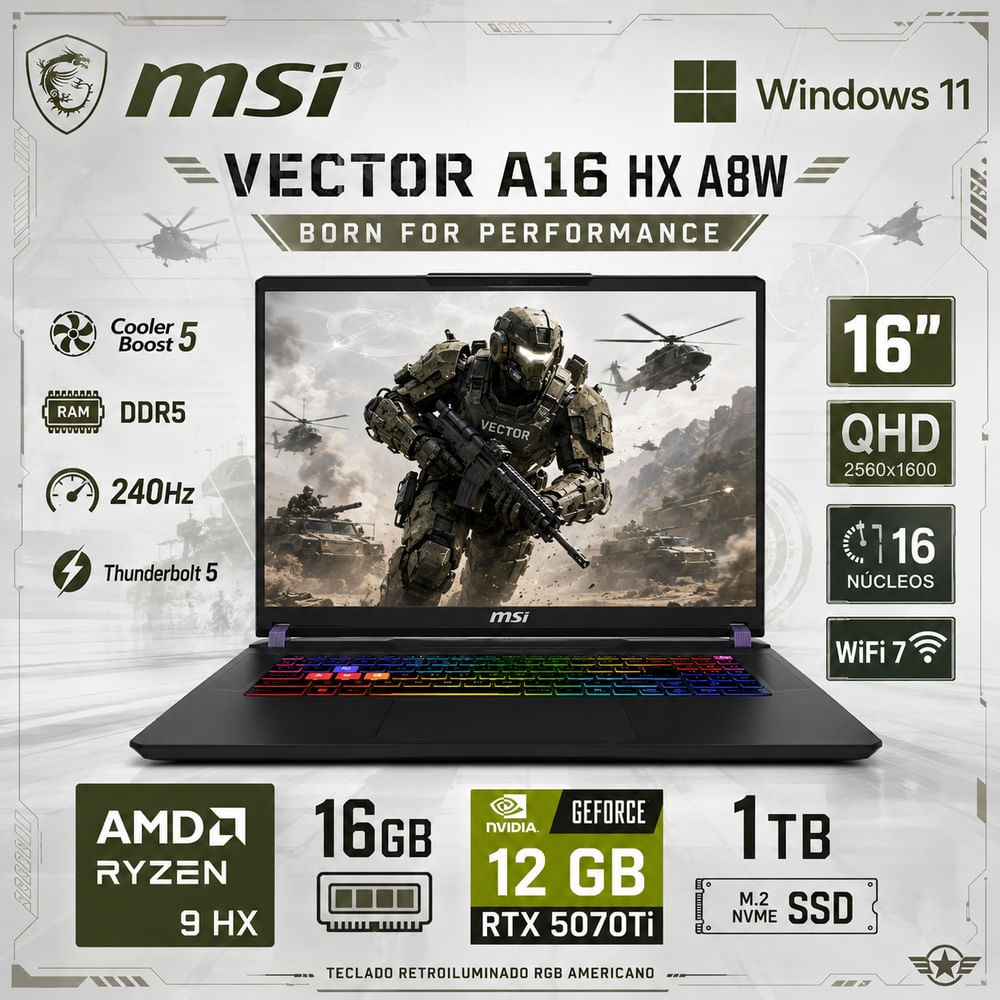 Laptop Gamer MSI Vector A16 HX Ryzen 9 8940HX 16GB RAM 1TB SSD RTX 5070 Ti 16  240Hz A8WHG-004US