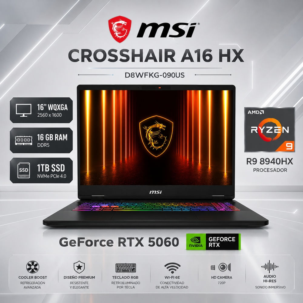 Laptop Gamer MSI Crosshair A16 HX Ryzen 9 8940HX 16GB RAM 1TB SSD RTX 5060 16 240Hz D8WFKG-090US