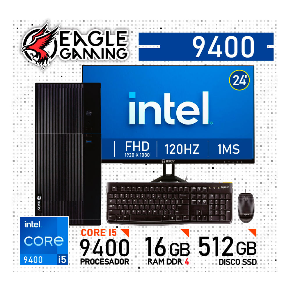 COMPUTADORA PC INTEL CORE i5 9400 - 16 GB RAM DDR4 - 512GB SSD - Monitor 24 inches  con KIT LOGITECH