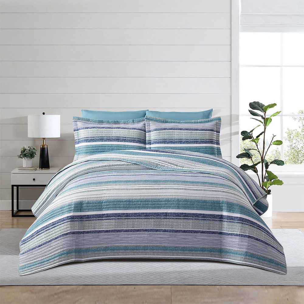 Set Cubrecama Pv27 Print Rayas Azul Queen