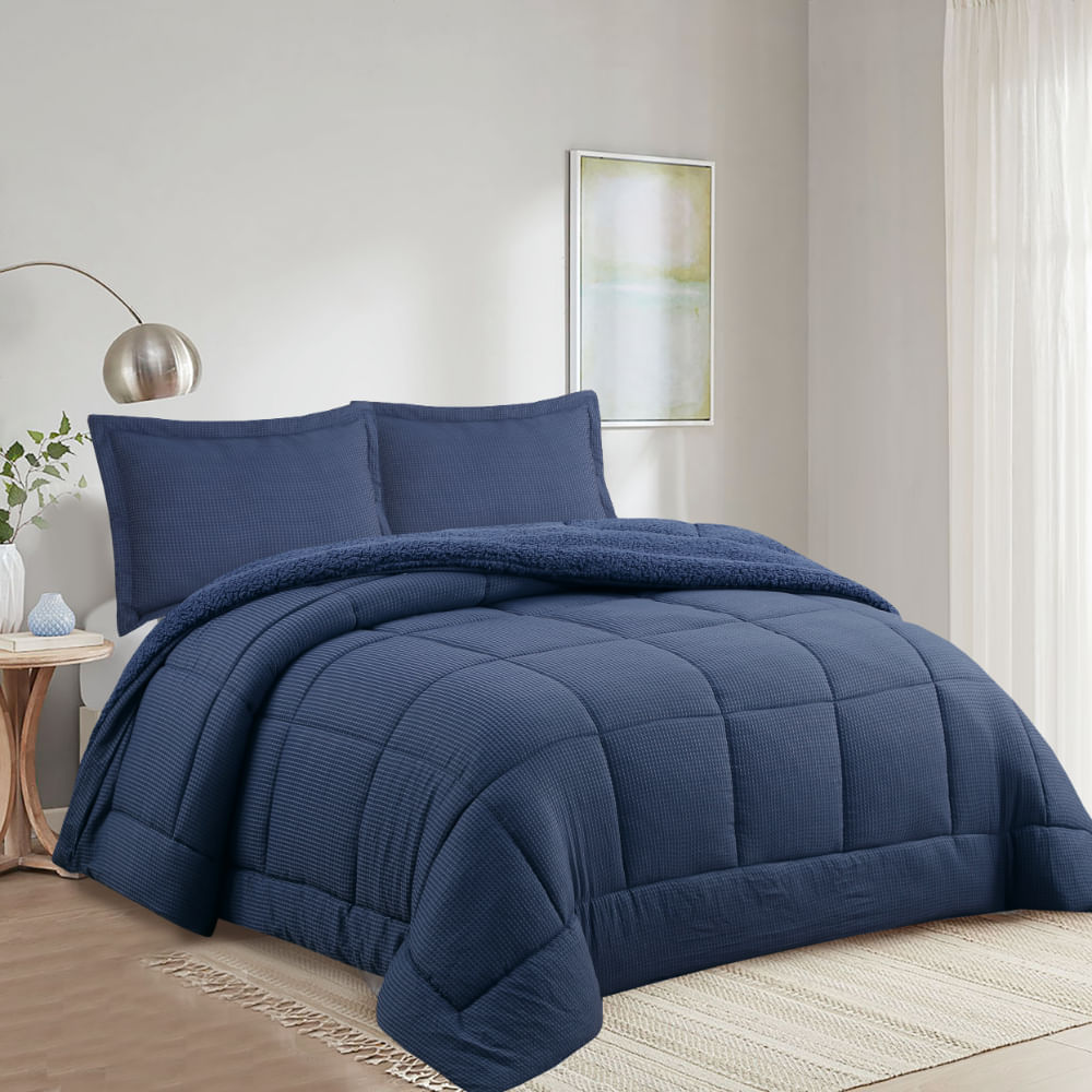 Edredon OI26 Waffle Sherpa Azul Queen