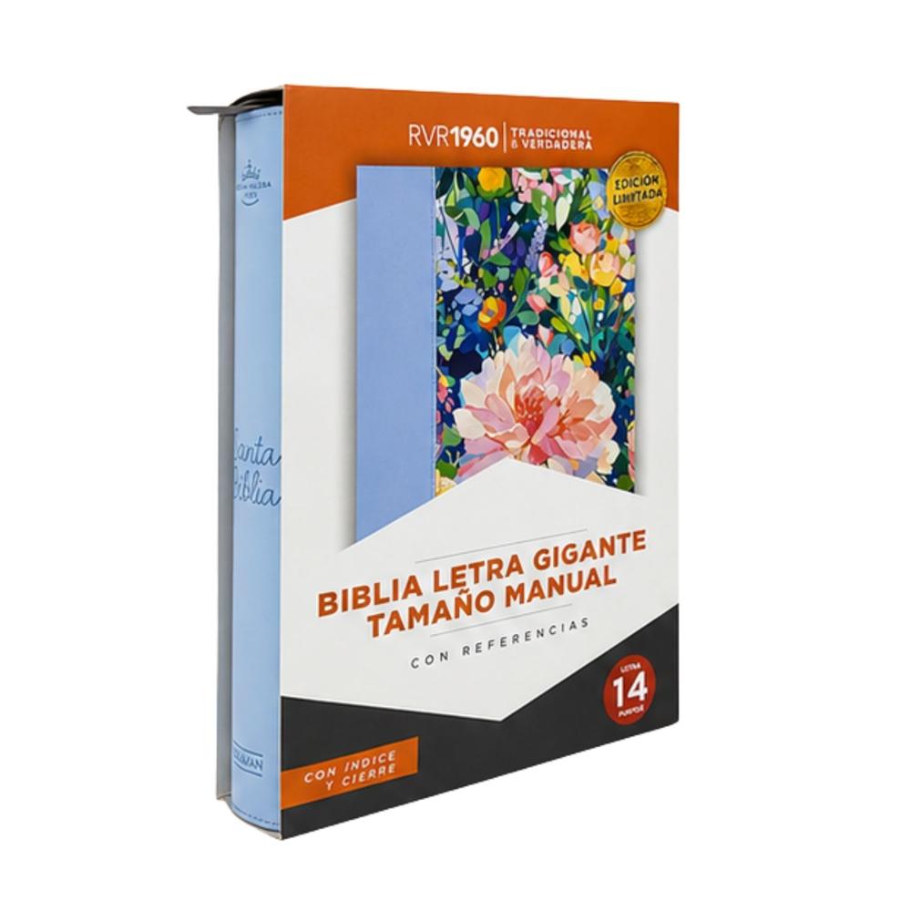 Biblia con Cierre Letra Gigante Manual RV1960, imit. piel celeste floral con índice