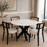 Juego de Comedor Madera y Piedra Sinterizada 4 Sillas con Ratán