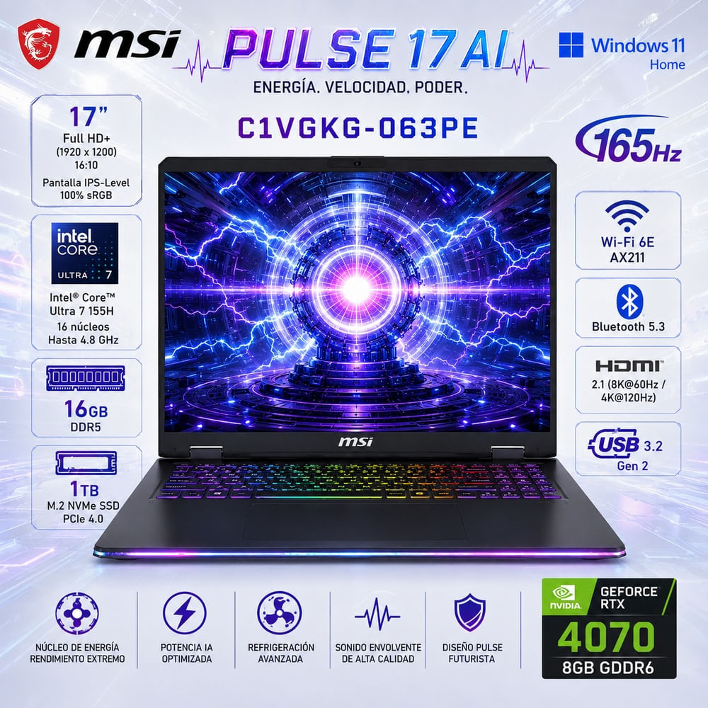 Laptop Gamer MSI Pulse 17 AI Core Ultra 7 155H 16GB RAM 1TB SSD RTX 4070 17 165Hz W11 C1VGKG-063PE
