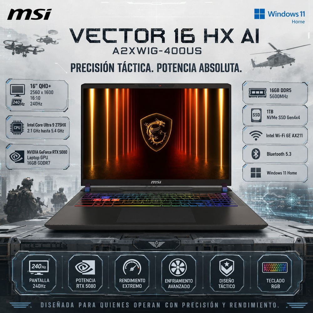 Laptop Gamer MSI Vector 16 HX AI Core Ultra 9 275HX 16GB 1TB SSD RTX 5080 16 240Hz A2XWIG-400US