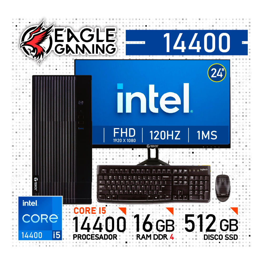 COMPUTADORA PC INTEL CORE i5 14400 - 16 GB RAM DDR4 - 512GB SSD - Monitor 24 inch con KIT LOGITECH