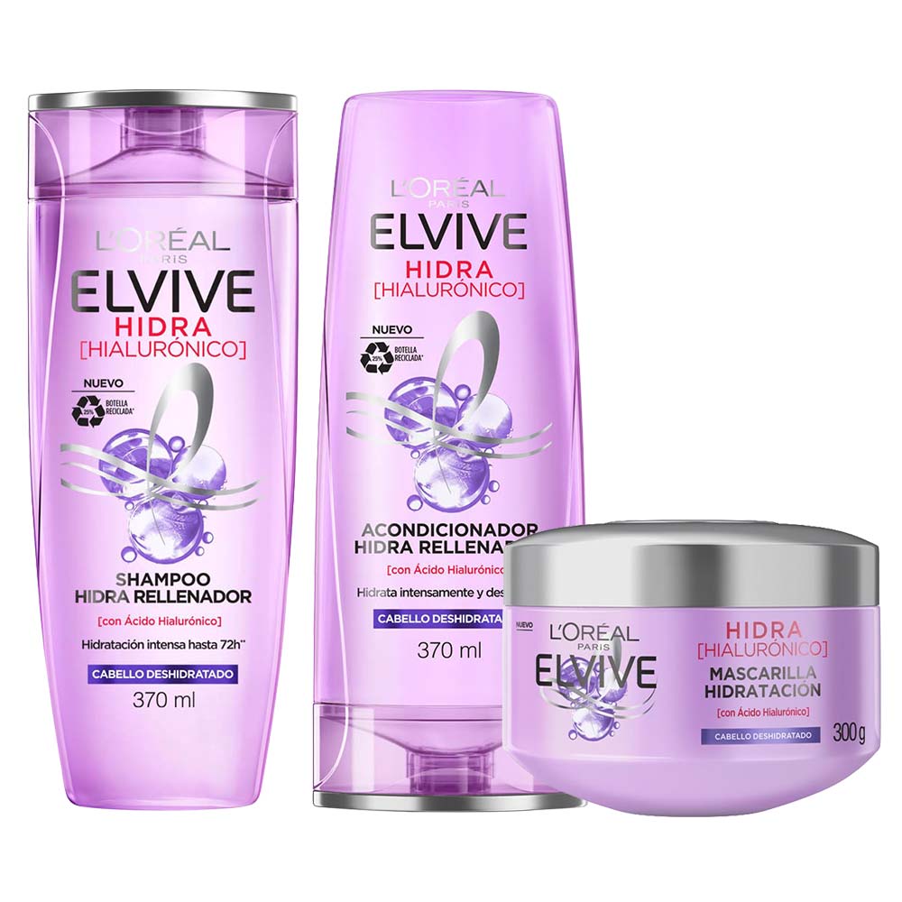 Pack ELVIVE Ácido Hialurónico: Shampoo 370ml + Acondicionador 370ml + Crema de Tratamiento 300ml