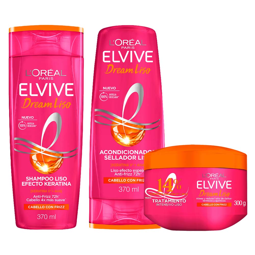 Pack ELVIVE: Shampoo Dream Liso Frasco 370ml + Acondicionador Dream Cabello Liso Botella 370ml + Tratamiento Capilar Dream Liso Pote 300g