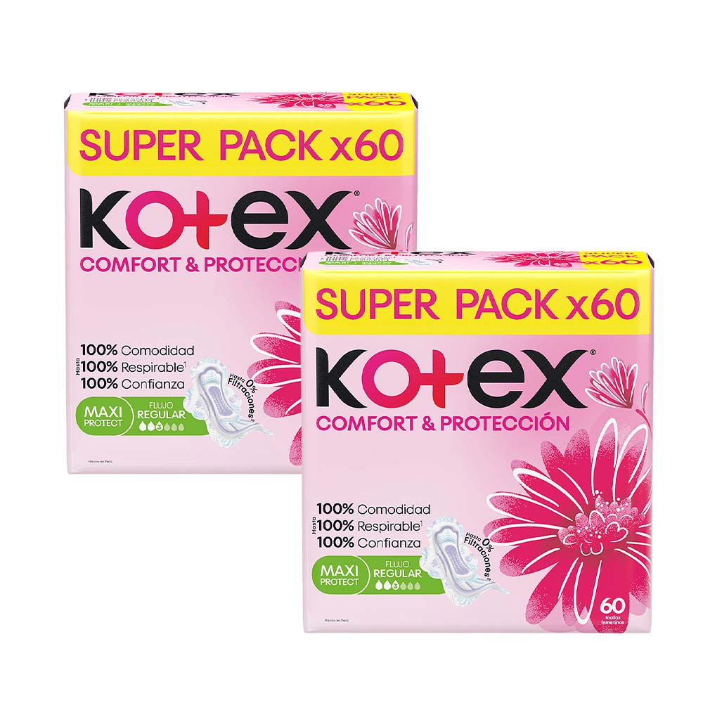 Pack Toalla Higiénica KOTEX Comfort y Protección Normal Paquete 60un x 2un