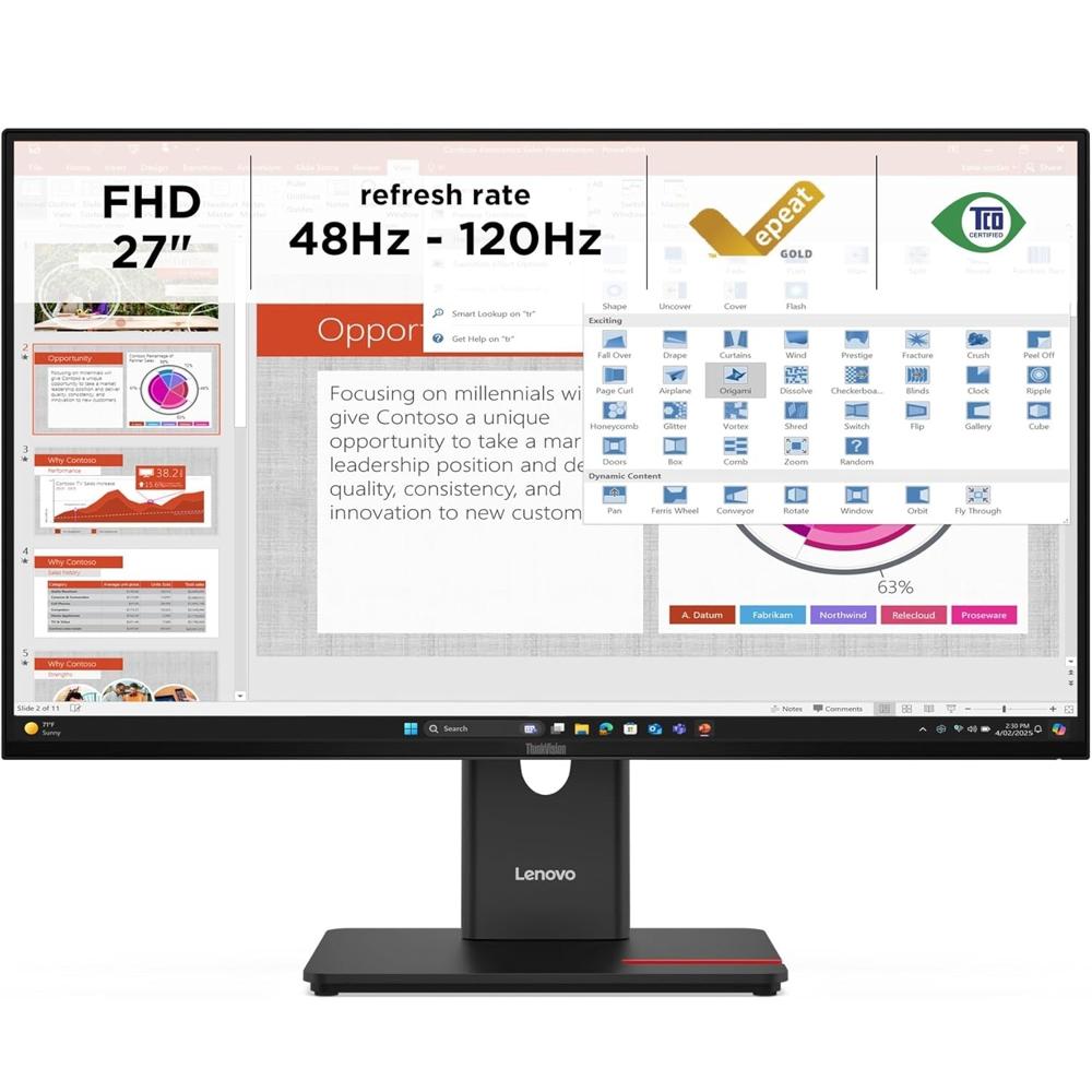 Monitor Lenovo ThinkVision T27-40, 27"" WLED FHD IPS, 120Hz, 4ms, Pivote