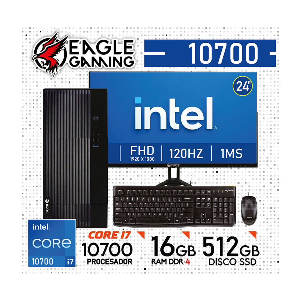 COMPUTADORA PC INTEL CORE i7 10700 - 16 GB RAM DDR4 - 512GB SSD - Monitor 24 inches con KIT LOGITECH