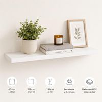 Repisa Flotante Recta Blanca 60x20 cm de Melamina MDF para Sala Dormitorio Oficina