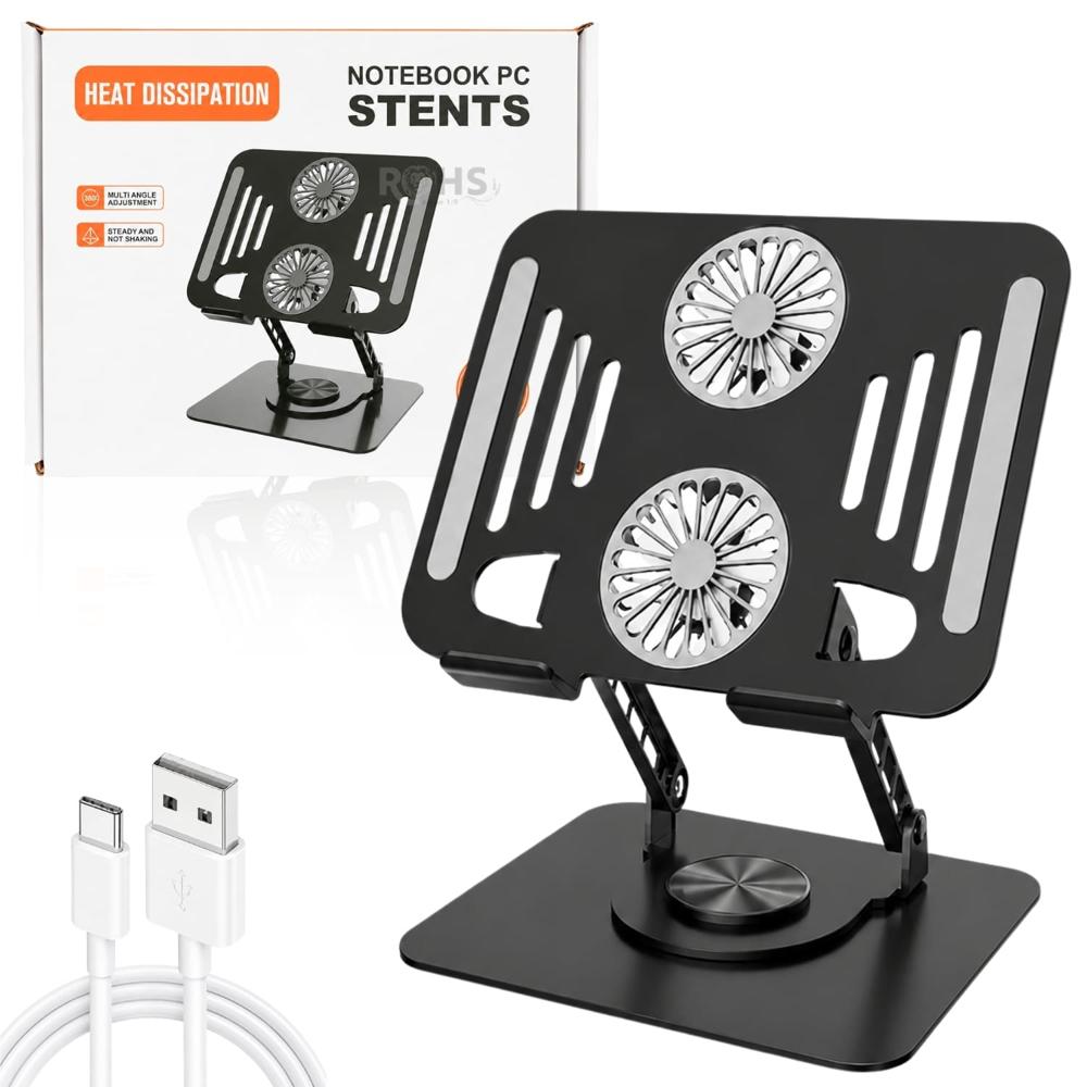 Soporte Negro Para Laptop De Aluminio Con Base Giratoria 360