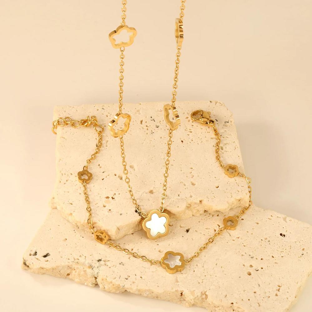Set Collar y Pulsera Trébol Nácar Blanco Acero Dorada Joyería Accesorios