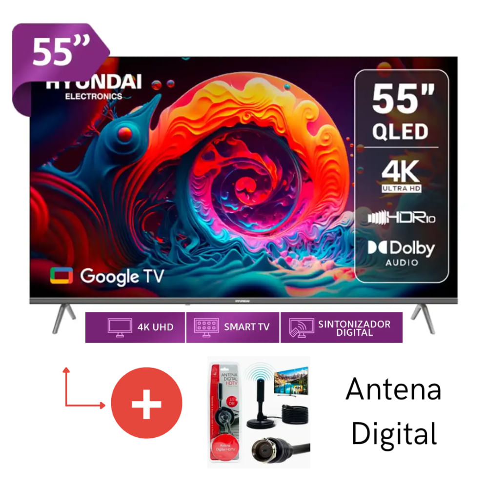 Televisor HYUNDAI 55 QLED Smart TV GOOGLE TV 4K UHD HYLED5529QG MAS Antena Digital