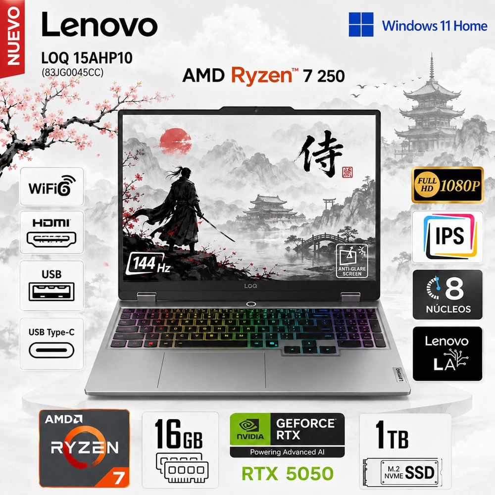 Laptop Gamer Lenovo LOQ 15AHP10 Ryzen 7 250 16GB RAM 1TB SSD RTX 5050 15.6 FHD 144Hz 83JG0045CC