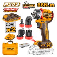 Taladro Atornillador Brushless Chuck Metálico Ingco 20V 66NM con Adaptadores y 2 Baterías CDLI206686