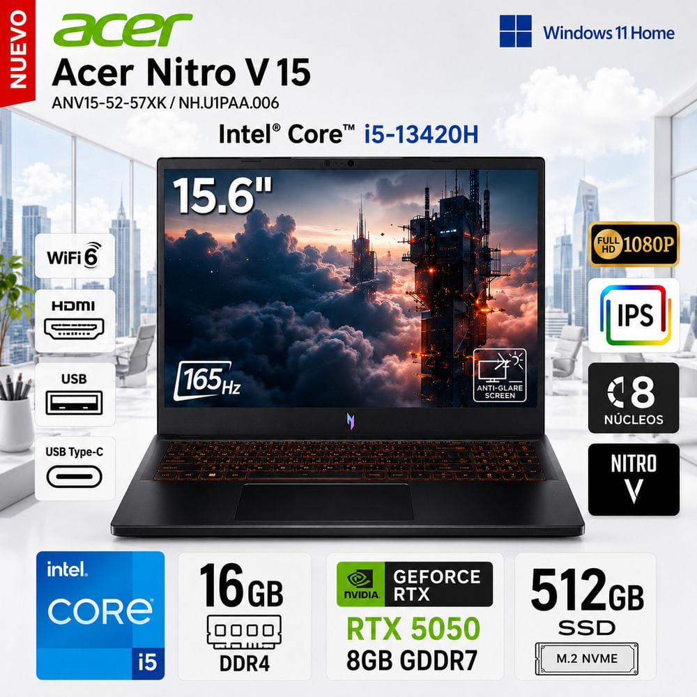 Laptop Gamer Acer Nitro V 15 ANV15-52-57XK Core i5-13420H 16GB 512GB RTX 5050 15.6  NH.U1PAA.006