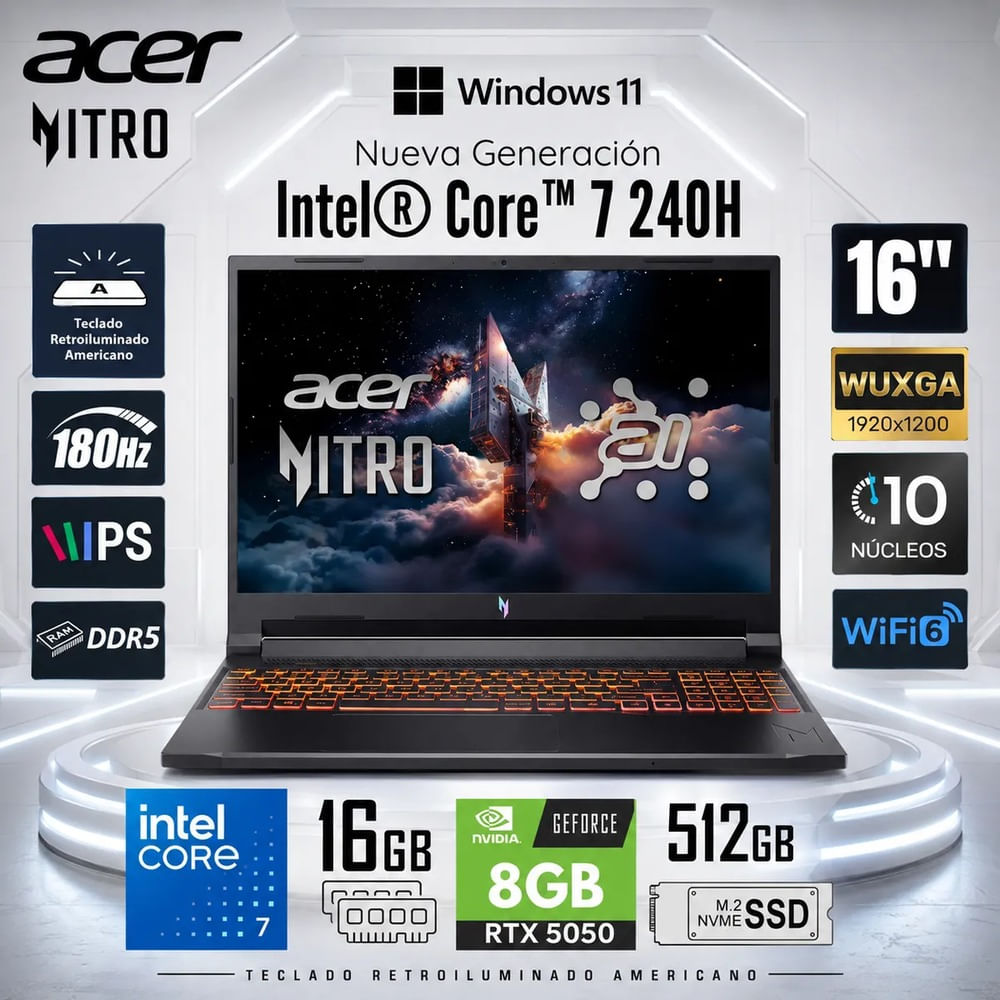 Laptop Gamer Acer Nitro V16 Core 7 240H 16GB 512GB SSD RTX 5050 16 WUXGA 180Hz ANV16-72-789X