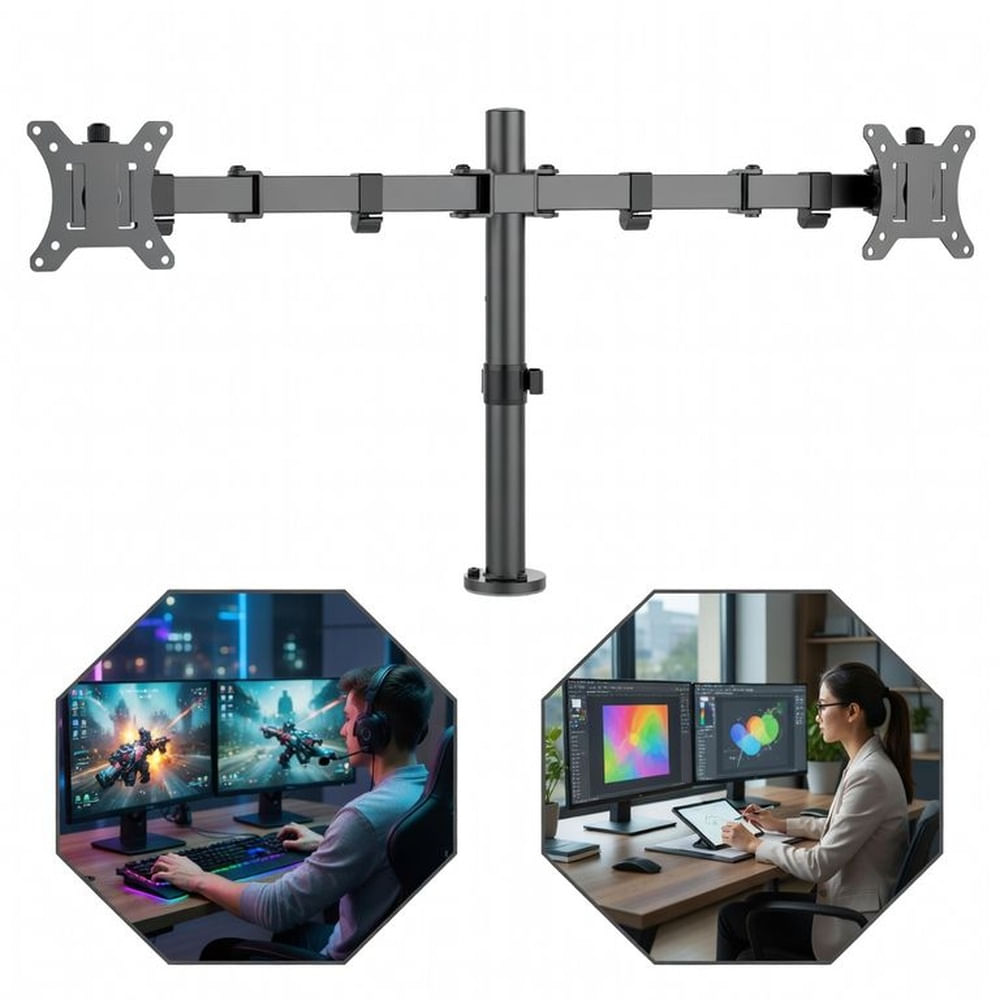 Soporte Dual Monitor Profesional - Rack de Escritorio con Ajuste de Altura y Giro 360