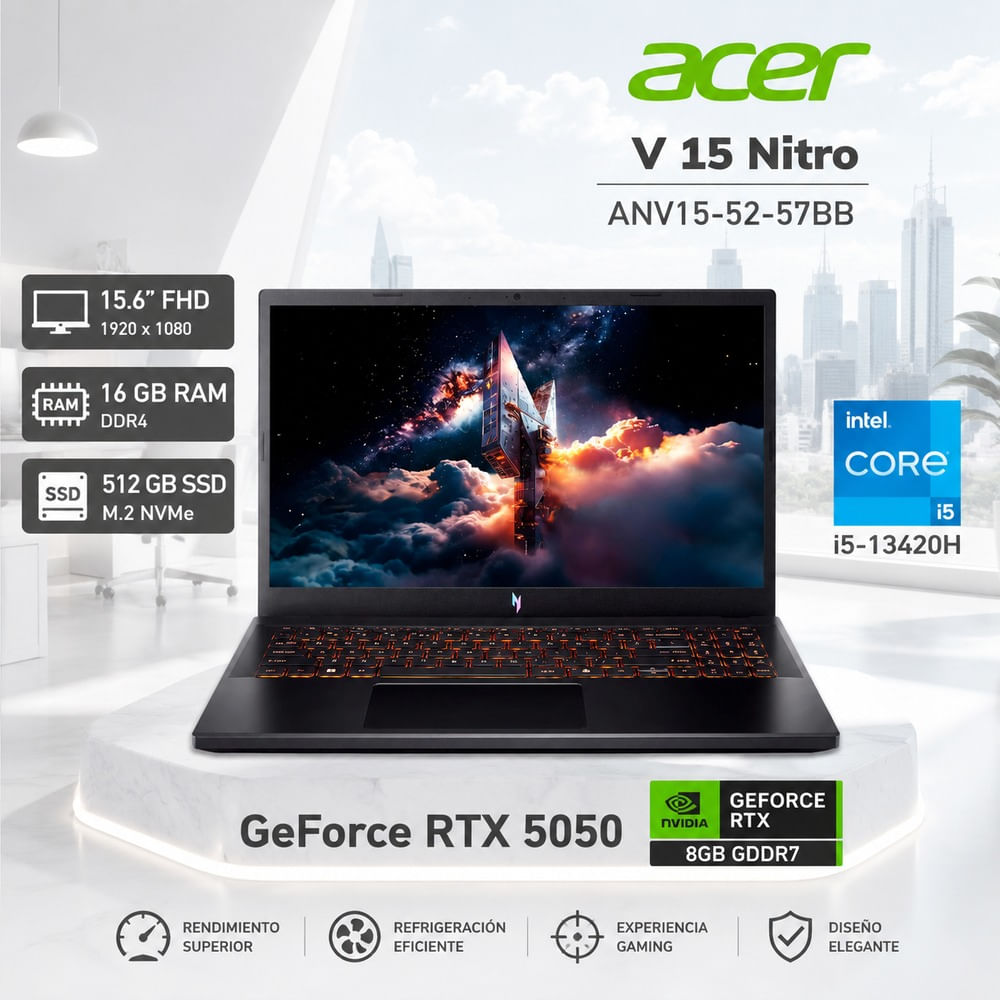 Laptop Gamer Acer Nitro V 15 Core i5-13420H 16GB RAM 512GB SSD RTX 5050 15.6 165Hz NH.U1PAA.004