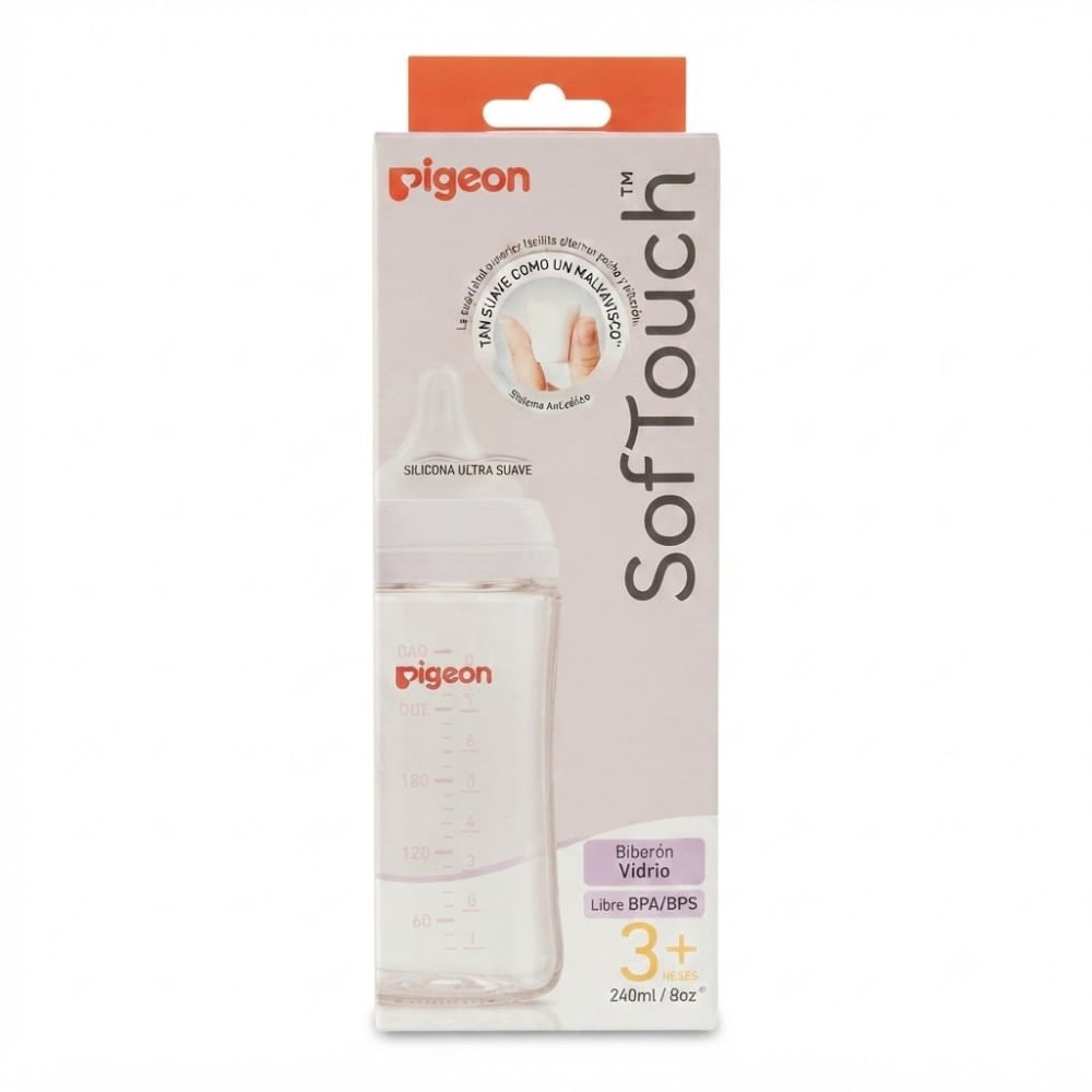Biberón de Vidrio Pigeon Softouch 240ml de Boca Ancha Anticólicos