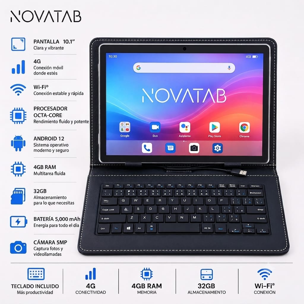 Tablet Novat-15 con pantalla 10.1 4GB 32GB CHIP Memoria expandible con teclado con cable