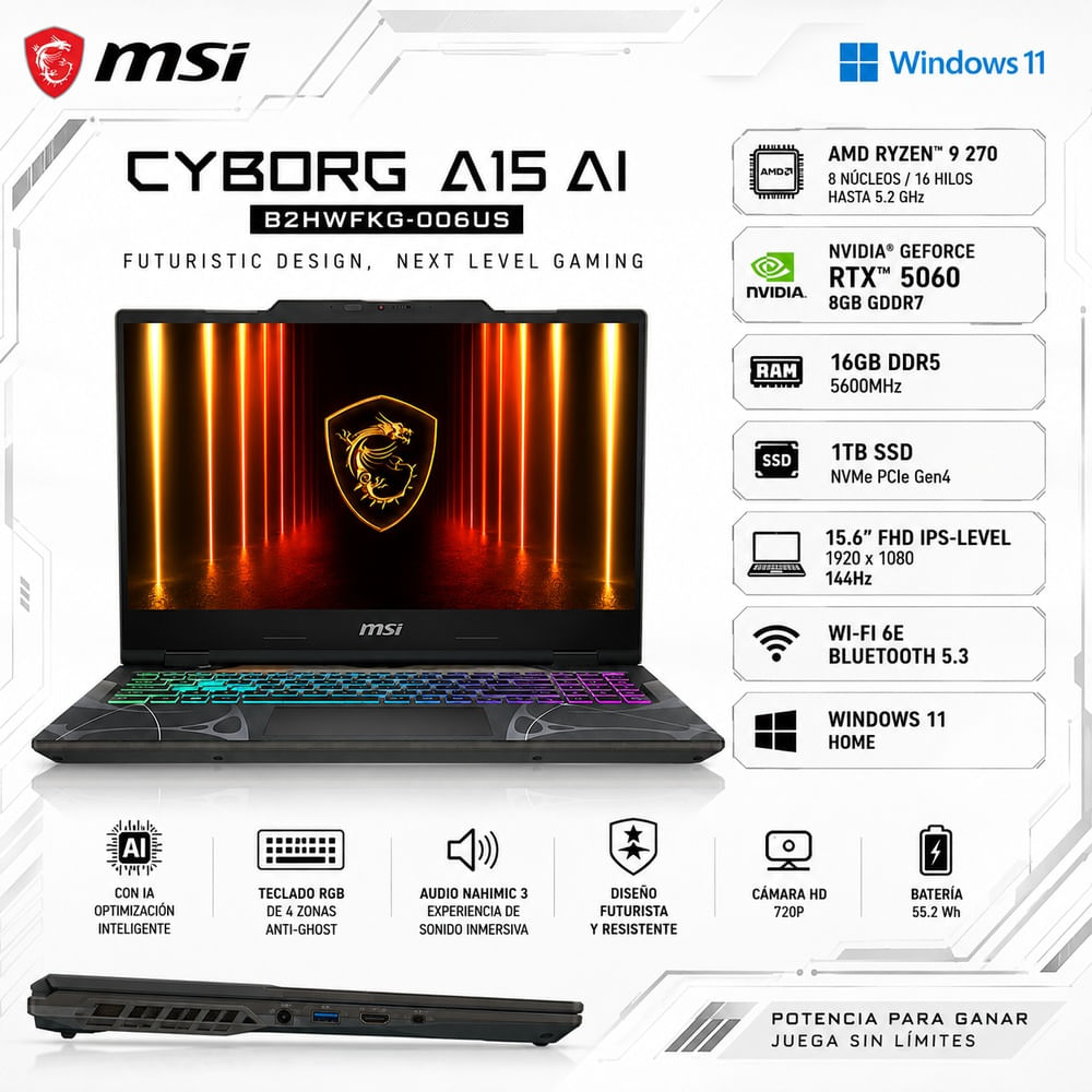 Laptop MSI Ryzen 9 270 16GB DDR5 1TB SSD RTX 5060 8GB 15.6  FHD 144Hz Cyborg A15 AI