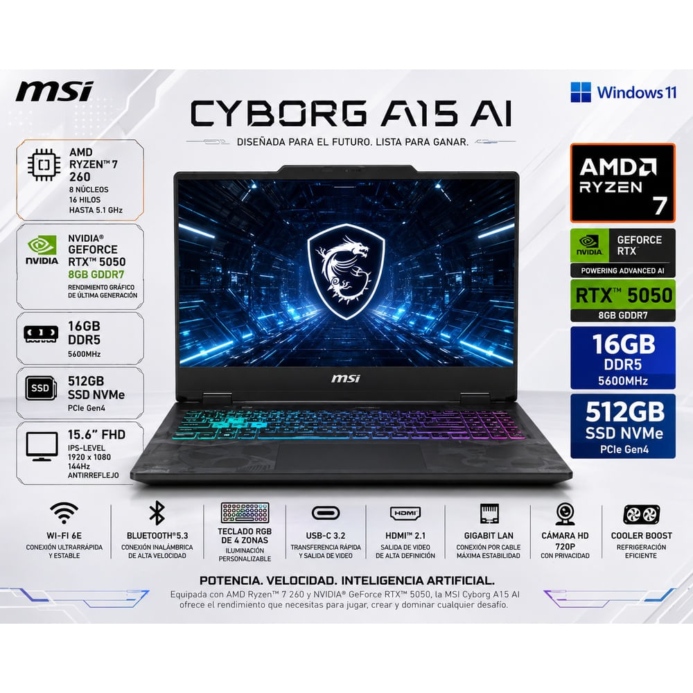 Laptop MSI Ryzen 7 260 16GB DDR5 512GB SSD RTX 5050 8GB 15.6  FHD 144Hz Cyborg A15 AI
