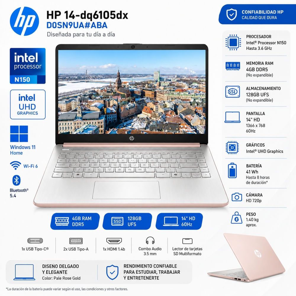 Laptop HP Intel N150 4GB DDR5 128GB UFS 14  HD Intel UHD Windows 11 Home 14-dq6105dx