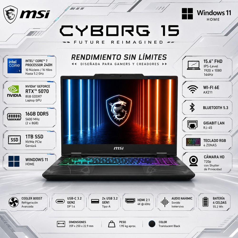 Laptop MSI Intel Core 7 240H 16GB DDR5 1TB SSD RTX 5070 8GB 15.6  FHD 144Hz Cyborg 15