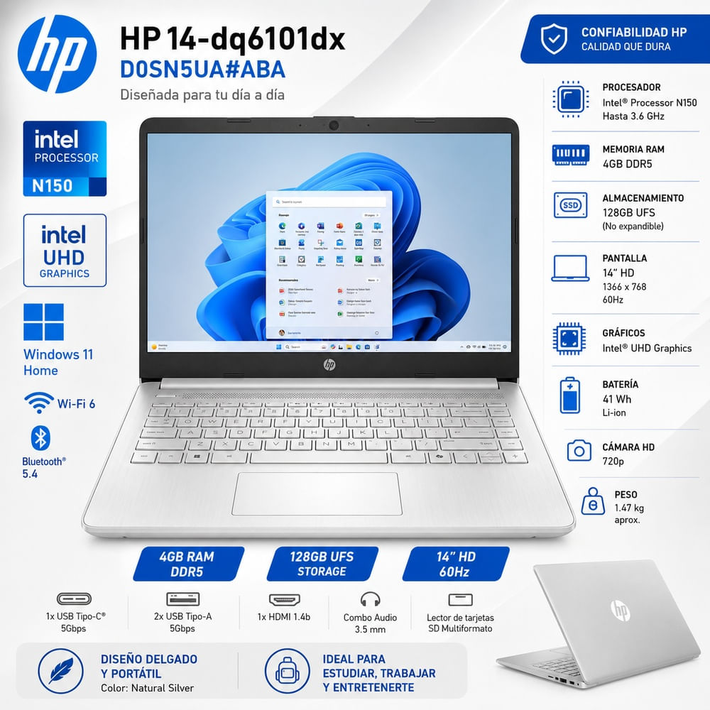 Laptop HP Intel Processor N150 4GB DDR5 128GB UFS 14  HD Intel UHD Windows 11 14-dq6101dx
