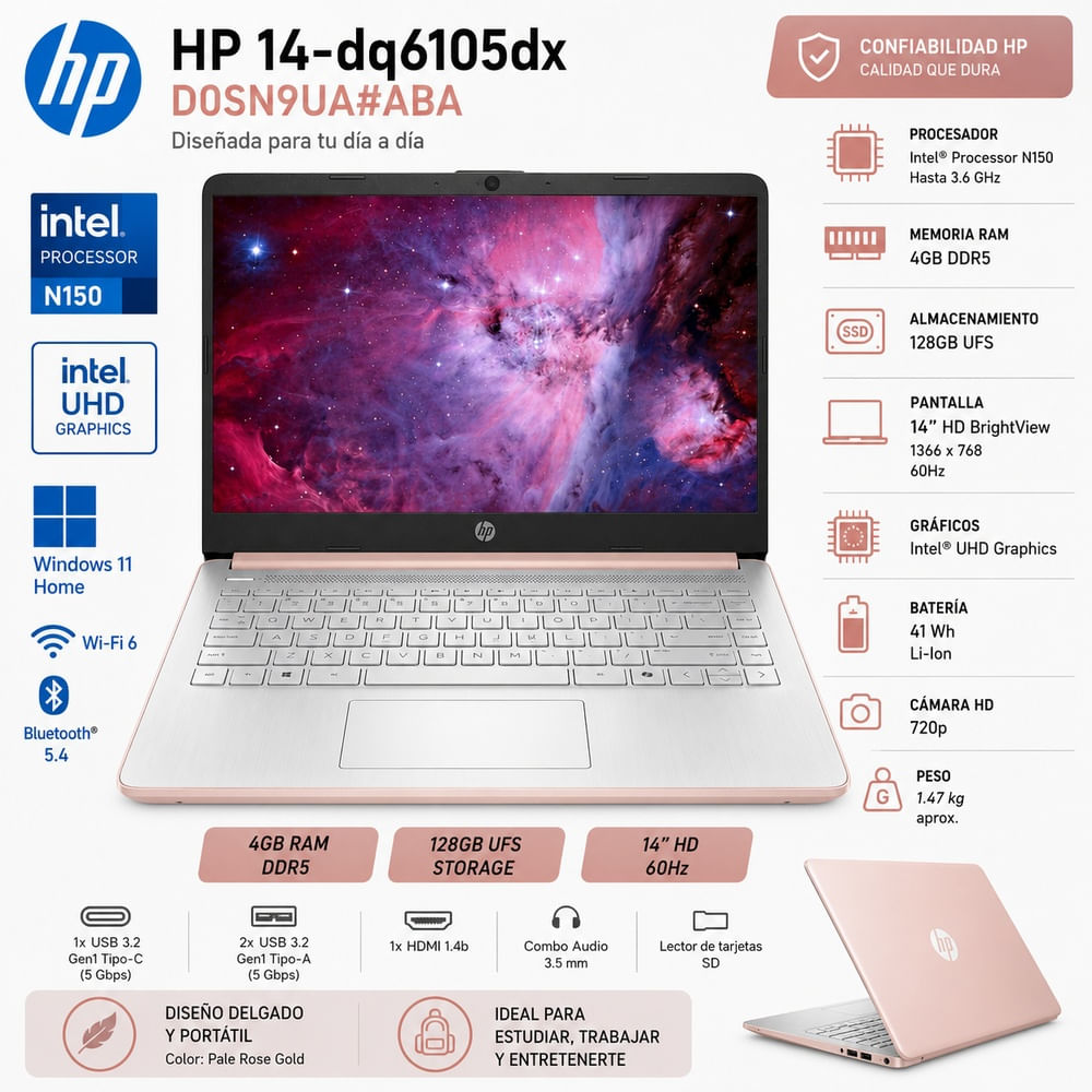 Laptop HP Intel Processor N150 4GB  DDR5 128GB UFS 14  HD Intel UHD Windows 11 14-dq6105dx