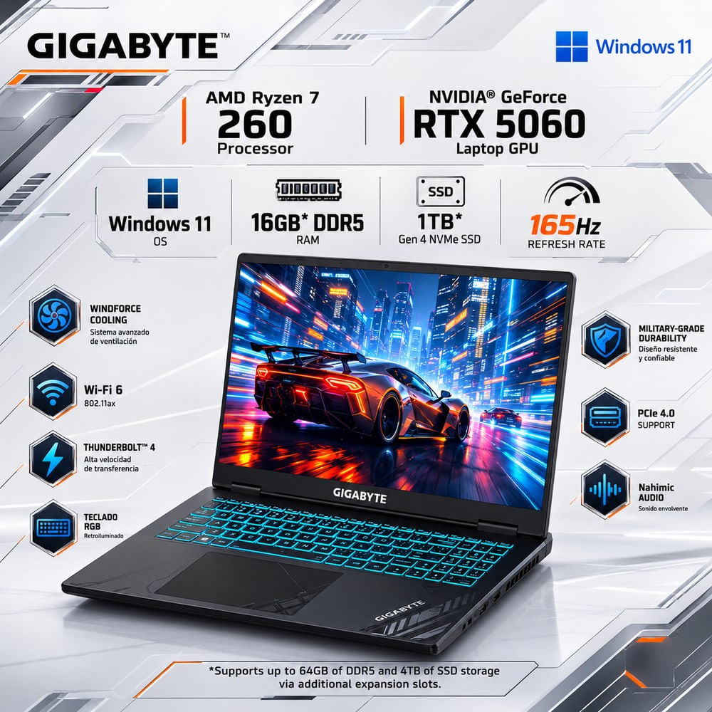 Laptop Gigabyte Ryzen 7 260 16GB DDR5 1TB SSD RTX 5060 8GB 16  WUXGA 165Hz Gaming A16