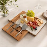 Tabla de Quesos y Charcutería Premium de Mármol Blanco y Acacia con Set de Cuchillos